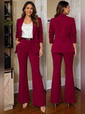 NWT DKNY 2-Pc Berry Glaze Pant Suit Size 6 | Ruched Sleeve Blazer & Flare Pants